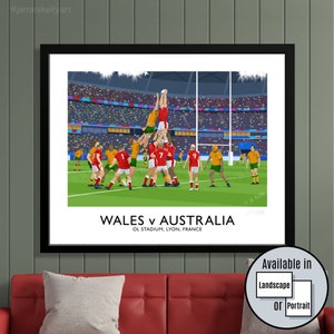 Wales v Australia Rugby match at the 2023 World Cup, OL Stadium, travel poster wall art print