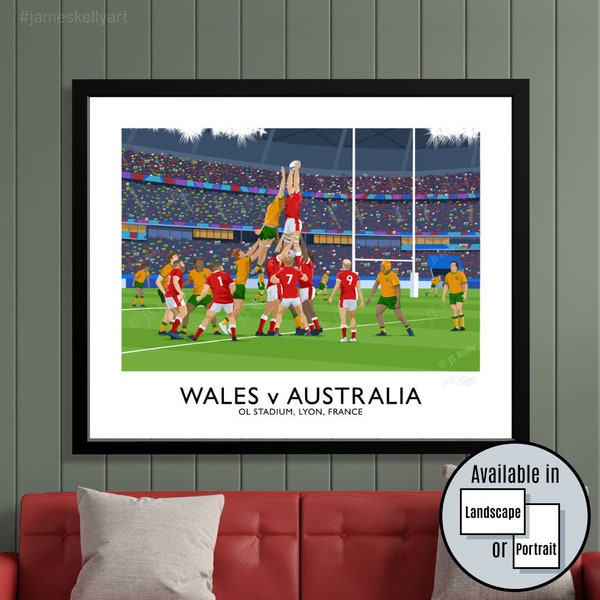 Rugby, Wales v Australia, 2023 World Cup, OL Stadium, Lyon, travel poster, Cymru, Oz, Wallabies, rugby gift, Mother, Mum, Dad, father,