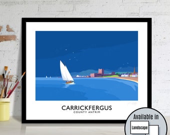 Carrickfergus Castle (Dark Sky), Carrickfergus, County Antrim, Northern Ireland, travel poster, art print, Ulster, Irish art, Irish gift