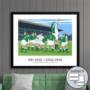 Ireland vs England Rugby match lineout at the Aviva Stadium at Lansdowne Road in Dublin, travel poster wall art print
