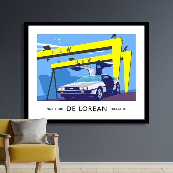 DeLorean Art Deco Print: Back 2 the Future Car, Belfast Cranes Landmark