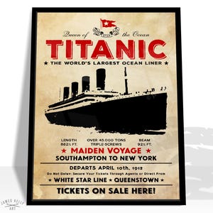 Titanic White Star Line retro travel poster, art print, Harland and Wolff, Belfast, Northern Ireland, ship maiden voyage
