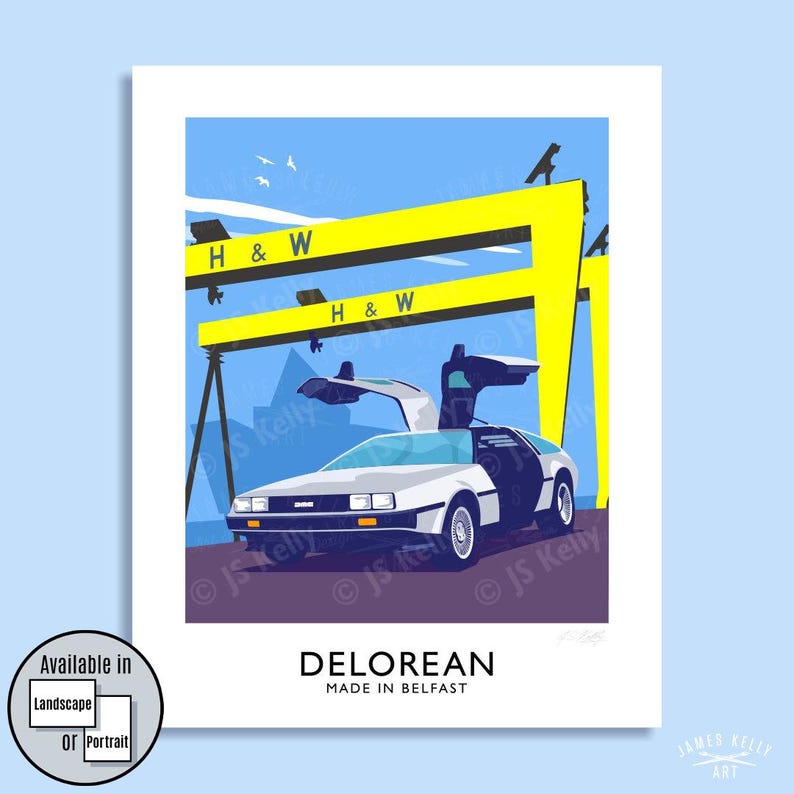a DeLorean car with its rear doors open, parked in front of a yellow crane labeled "H&W" in a blue sky.