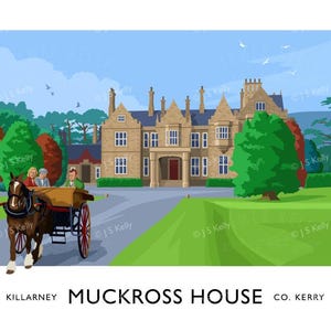a large, ornate castle with multiple towers and turrets, surrounded by a lush green landscape with trees and a grassy lawn. A horse-drawn carriage is visible in the foreground, and the text " Killarney Muckross House CO. Kerry" is displayed below the image.