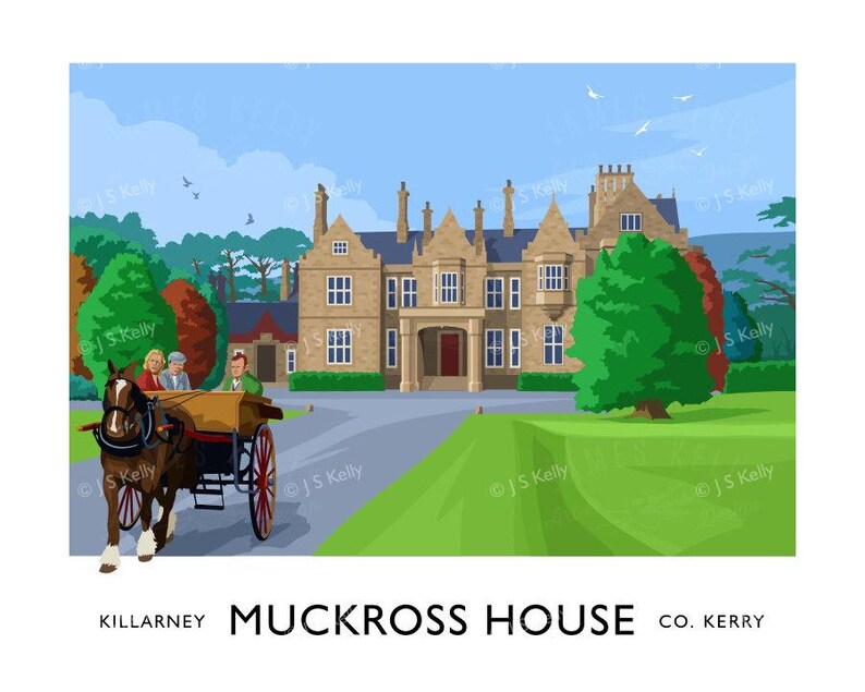 a large, ornate castle with multiple towers and turrets, surrounded by a lush green landscape with trees and a grassy lawn. A horse-drawn carriage is visible in the foreground, and the text " Killarney Muckross House CO. Kerry" is displayed below the image.
