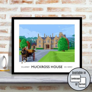 The image is a framed illustration of the Killarney Muckross House in Ireland, featuring a horse-drawn carriage in front of the large, ornate building.