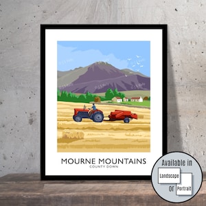 Mourne Mountains, Massey Ferguson, Tractor, Baler, County Down, Northern Ireland, Ireland, travel poster, Ulster, Irish gift, Mourne, MF35