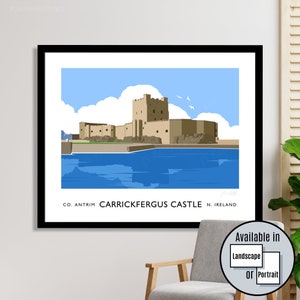 Carrickfergus Castle, Carrickfergus, County Antrim, Northern Ireland, travel poster, art print, Ulster, Irish gift, gift for her, for him