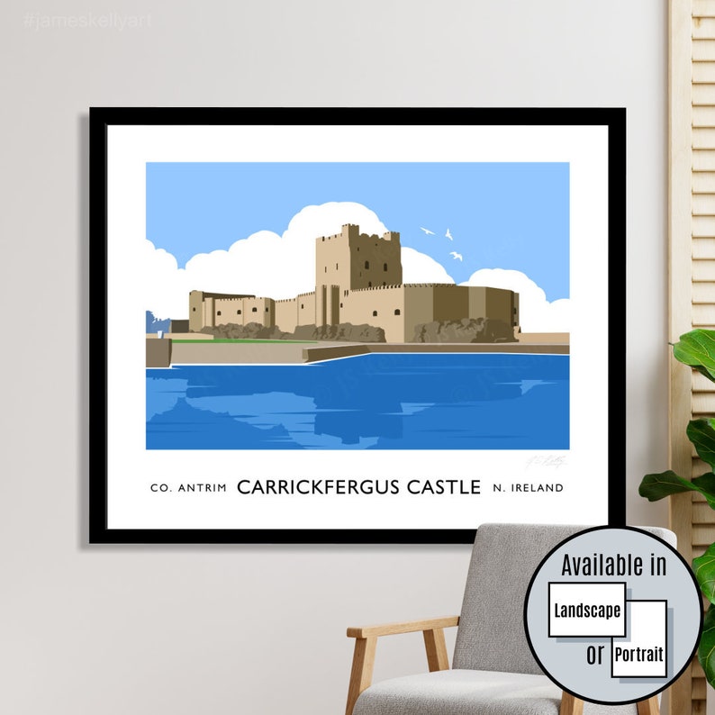 Carrickfergus Castle, Carrickfergus, County Antrim, Northern Ireland, travel poster, art print, Ulster, Irish gift, gift for her, for him image 1