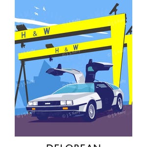 a white car with a large yellow crane in the background, set against a blue sky with birds flying overhead.