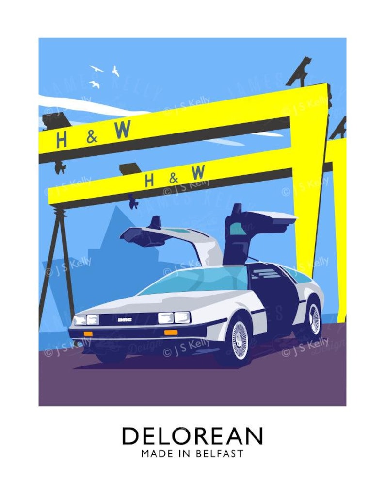 a white car with a large yellow crane in the background, set against a blue sky with birds flying overhead.
