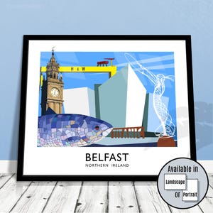 Belfast City travel poster wall art print, Northern Ireland, Titanic Quarter, Harland & Wolff, Samson and Goliath Cranes