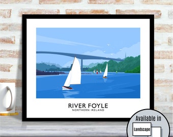 Sailing boats on the River Foyle, Derry, Londonderry, Northern Ireland, Ireland, travel poster, art print, Ulster, Irish art, Irish gift