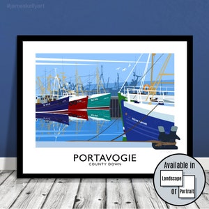 Portavogie, harbour, fishing boats, County Down, Northern Ireland, Ireland, travel poster, art print, Ulster, Irish art, Irish gift, fleet,