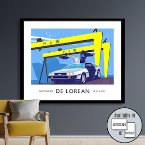 The image is a framed poster depicting a car with its trunk open, set against a blue sky with clouds and mountains in the background.