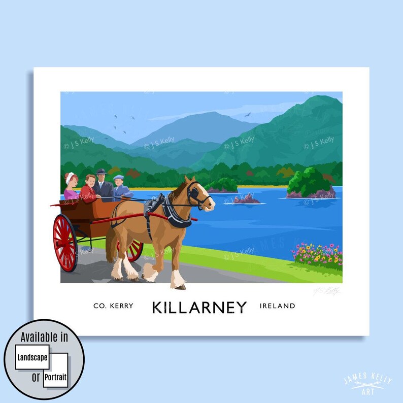 a horse-drawn carriage carrying passengers through a scenic landscape with mountains, a lake, and colorful flowers.