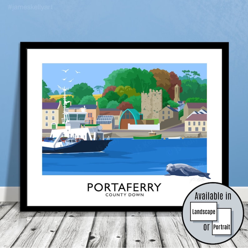 Portaferry, ferry, County Down, Northern Ireland, Ireland, travel poster, art print, Ulster, Irish art, Irish gift, Strangford Ferry, boat image 1