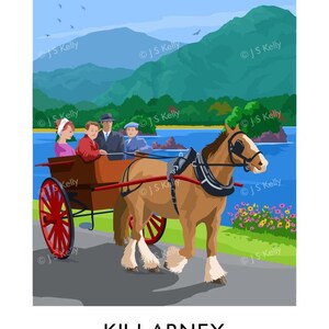 A horse-drawn carriage carrying four people is traveling down a road, with mountains and a lake in the background.