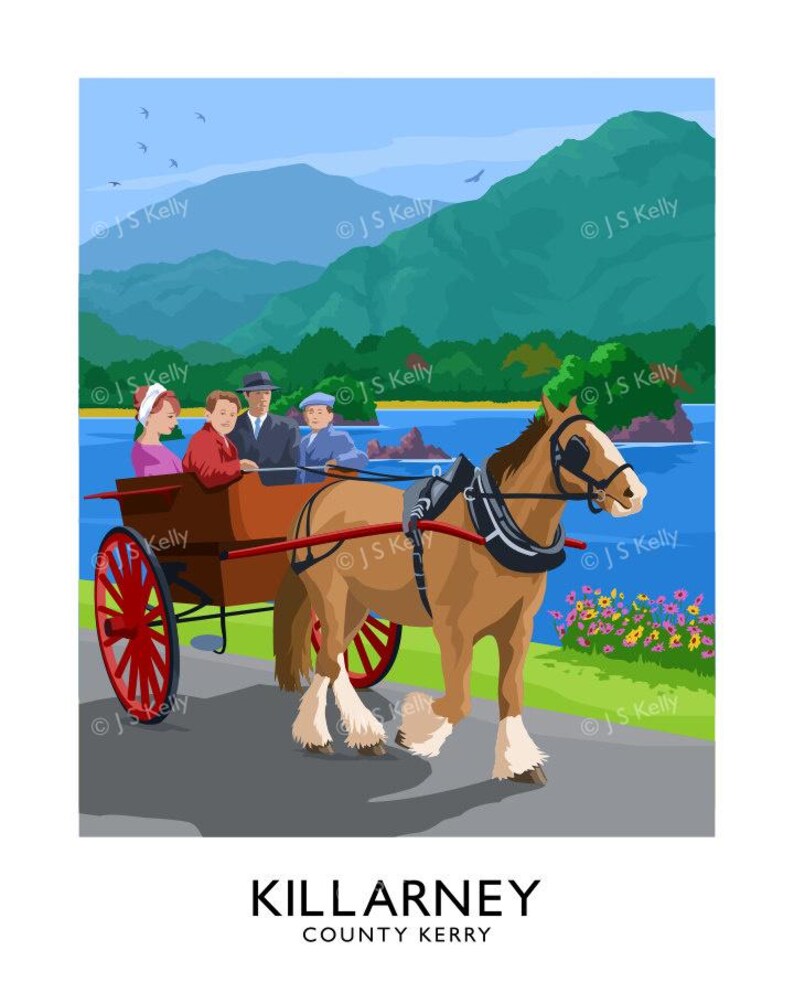 A horse-drawn carriage carrying four people is traveling down a road, with mountains and a lake in the background.