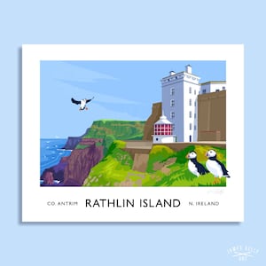 West Lighthouse, Rathlin Island, Ballycastle, Antrim, Northern Ireland, puffin, lighthouse, travel poster, art print, Ulster, irish art