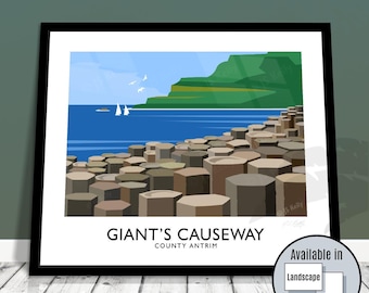 Giant's Causeway, Antrim, Northern Ireland, travel poster, art print, Ulster, Irish, Coast, Giants coastal