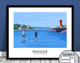 Bangor Marina, paddleboard, SUP, County Down, Northern Ireland, travel poster, art print, Ulster, pier, gift for him, gift for her, paddle