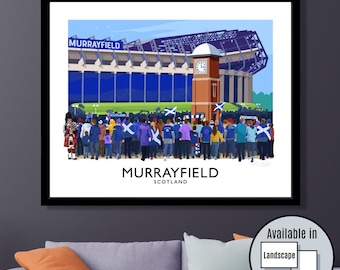 Scottish Rugby supporters arriving for an international rugby match at BT Murrayfield Stadium, Scotland, travel poster wall art print