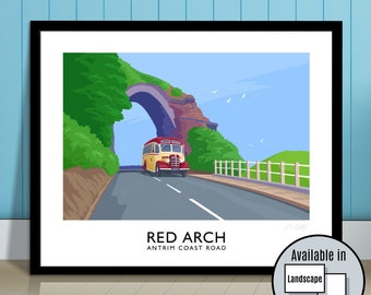Red Arch, Coach, Antrim Coast Road, Waterfoot, County Antrim, Northern Ireland, travel poster, art print, Ulster, Causeway Coast, old bus