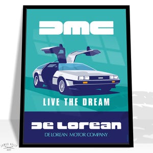 Retro poster, DeLorean, DMC, sports car, travel poster, art print, Northern Ireland, Made in Belfast, Back, Future, vintage, time