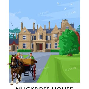 a large, ornate stone building with multiple chimneys and a prominent entrance, surrounded by a well-manicured lawn and trees. A horse-drawn carriage is visible in front of the building, and a couple is riding in it.