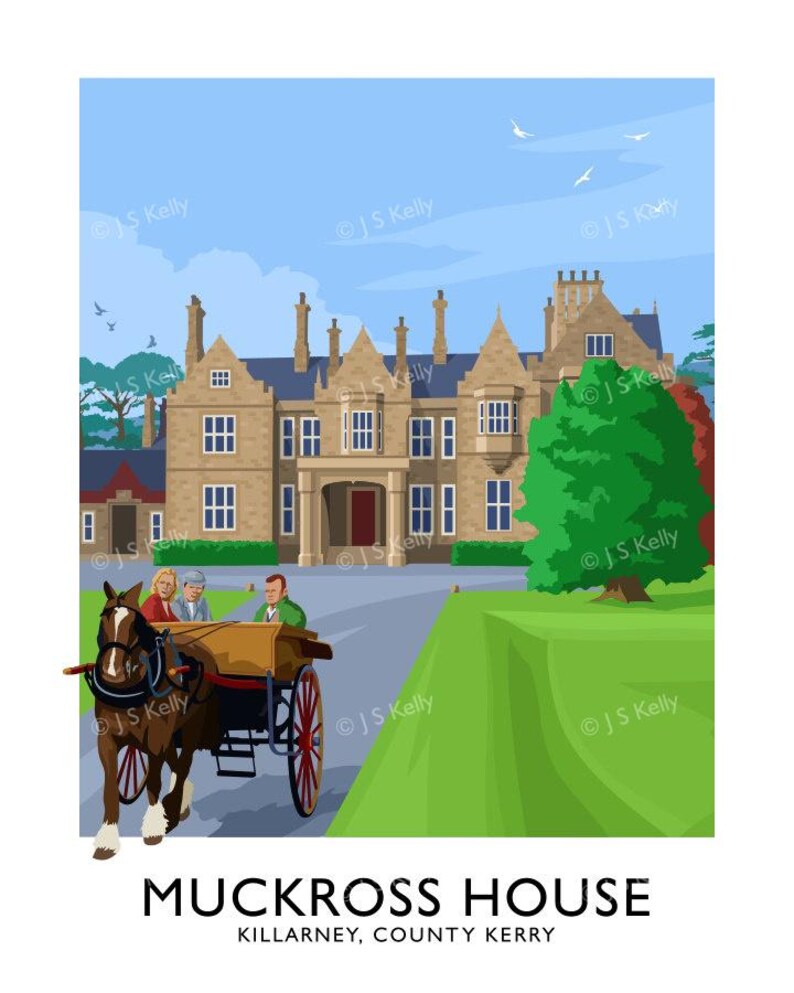 a large, ornate stone building with multiple chimneys and a prominent entrance, surrounded by a well-manicured lawn and trees. A horse-drawn carriage is visible in front of the building, and a couple is riding in it.