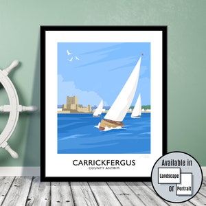 Carrickfergus,  Yachts, sailing, County Antrim, Northern Ireland, travel poster, art print, Ulster, Irish art, Irish gift, Castle