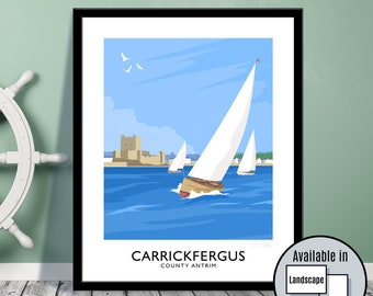 Carrickfergus,  Yachts, sailing, County Antrim, Northern Ireland, travel poster, art print, Ulster, Irish art, Irish gift, Castle