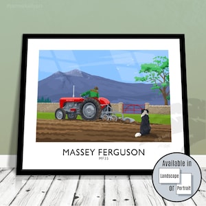 Massey Ferguson MF35 tractor ploughing, Fergie poster art print, farmer gift, him, her, Dad
