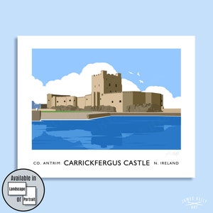 Carrickfergus Castle, Carrickfergus, County Antrim, Northern Ireland, travel poster, art print, Ulster, Irish gift, gift for her, for him Landscape
