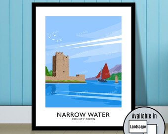 Narrow Water, Warrenpoint, County Down, Northern Ireland, Ireland, travel poster, art print, Ulster, Irish art, castle, Carlingford Lough