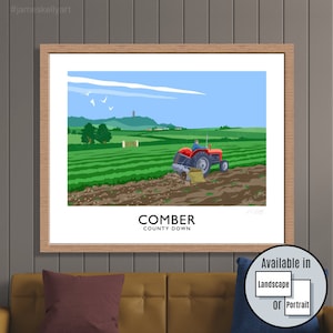 May include: A colourful illustration of a red tractor ploughing a field in Comber, County Down, Northern Ireland. The illustration features a blue sky with white clouds, green fields, and a distant tower. The text "Comber County Down" is printed below the illustration.