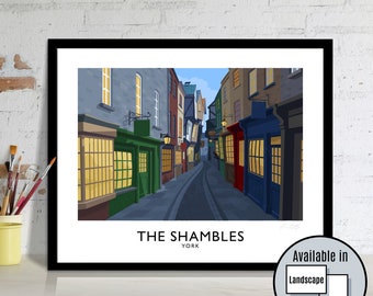 York, The Shambles (daytime version), Yorkshire, England, travel poster, art print, gift, vintage, York City, Harry Potter, Diagon Alley