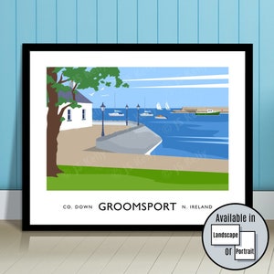 Groomsport, County Down, Northern Ireland, Cockle Row cottages, harbour, Ireland, travel poster, art print, Ulster, Irish art, boats