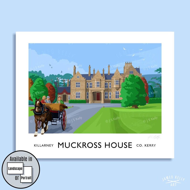a large, ornate house with a horse-drawn carriage in front of it, set against a backdrop of trees and a clear blue sky.