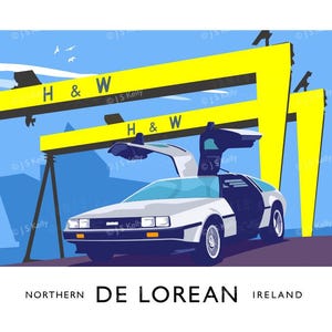 A stylized illustration of a car with a yellow crane in the background, set against a blue sky with birds flying.