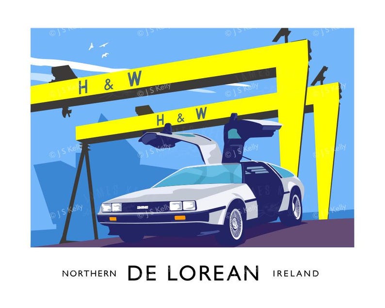 A stylized illustration of a car with a yellow crane in the background, set against a blue sky with birds flying.