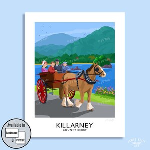 a horse-drawn carriage carrying passengers through a scenic landscape with mountains, a lake, and colorful flowers.