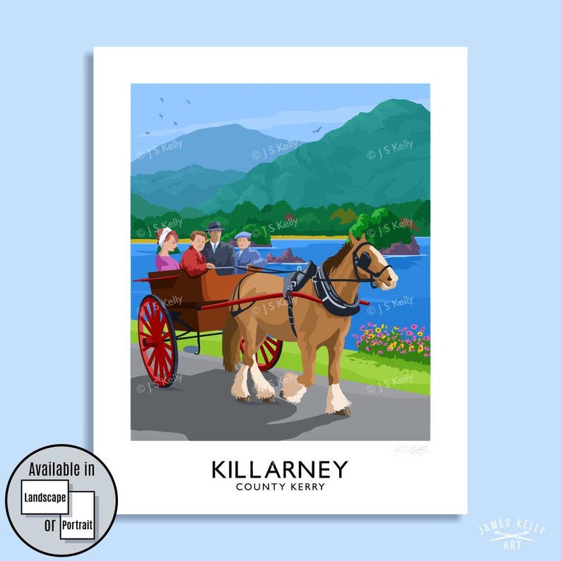 a horse-drawn carriage carrying passengers through a scenic landscape with mountains, a lake, and colorful flowers.