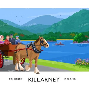 a horse-drawn carriage carrying three people along a scenic route through a picturesque landscape with mountains, a lake, and colorful flowers.