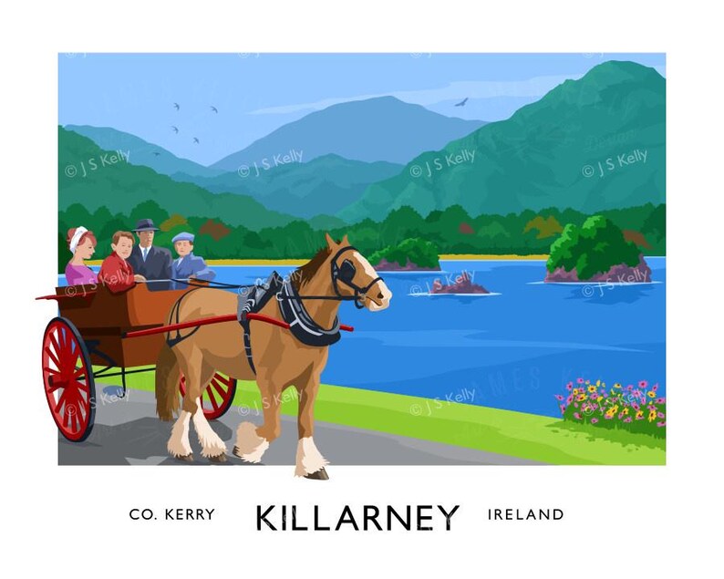 a horse-drawn carriage carrying three people along a scenic route through a picturesque landscape with mountains, a lake, and colorful flowers.