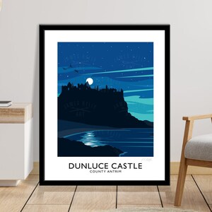 Dunluce Castle, Aurora, Northern Lights, County Antrim, Northern Ireland, travel poster, art print, Ulster, Causeway Coast, Giant&#39;s Causeway