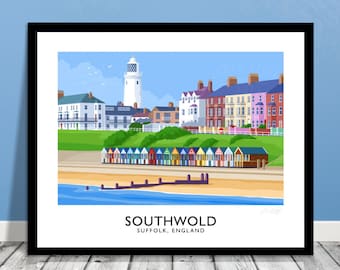Southwold, Suffolk - vintage style railway travel poster art of England, seaside, beach huts, British holiday towns