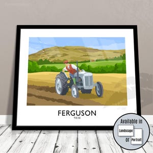 Ferguson TE20 tractor ploughing, Fergie poster art print, farmer gift, him, her, Dad