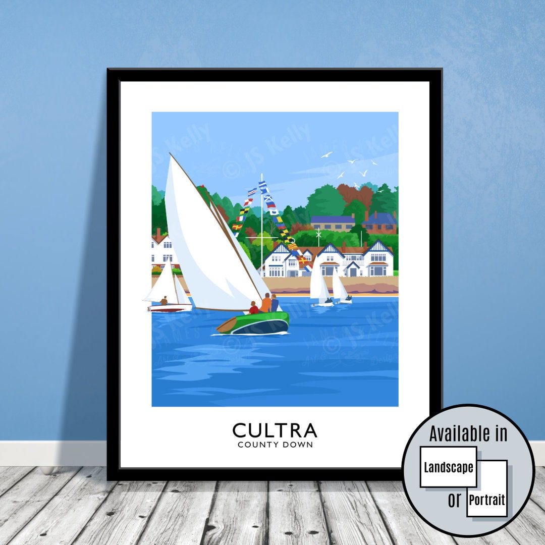 Sailing yachts at Cultra, Holywood, County Down - Royal Ulster Yacht Club vintage style railway travel poster art Northern Ireland (Ulster)